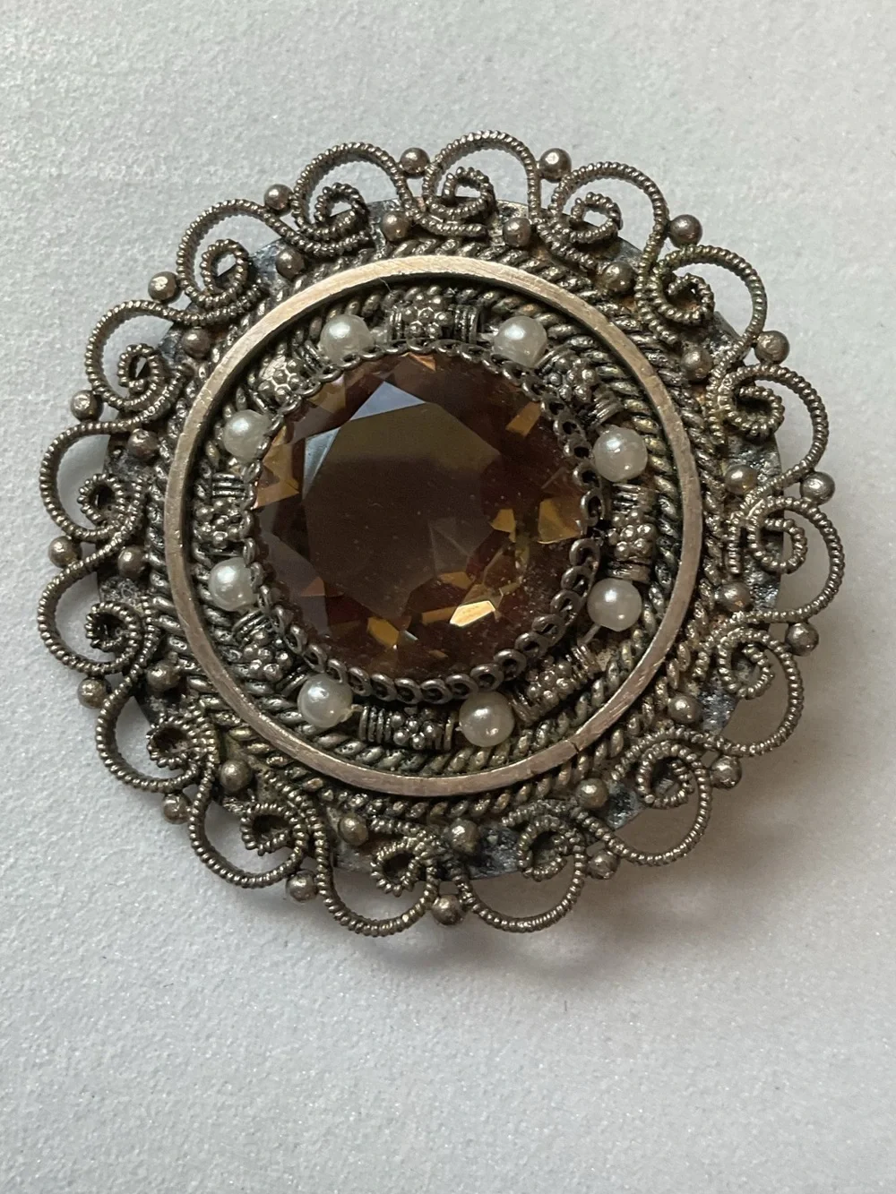 Vintage Israel Sterling Silver Smoky Quartz Filigree Brooch Pendant